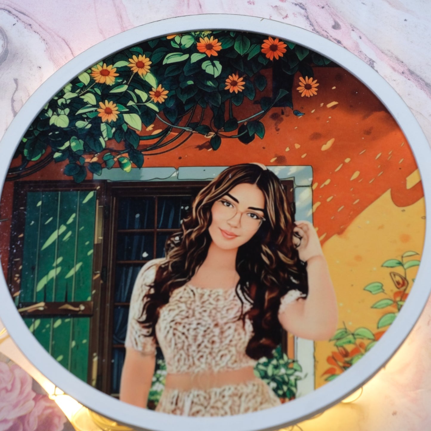 Wooden Painting Frame Circle (Orange Floral)