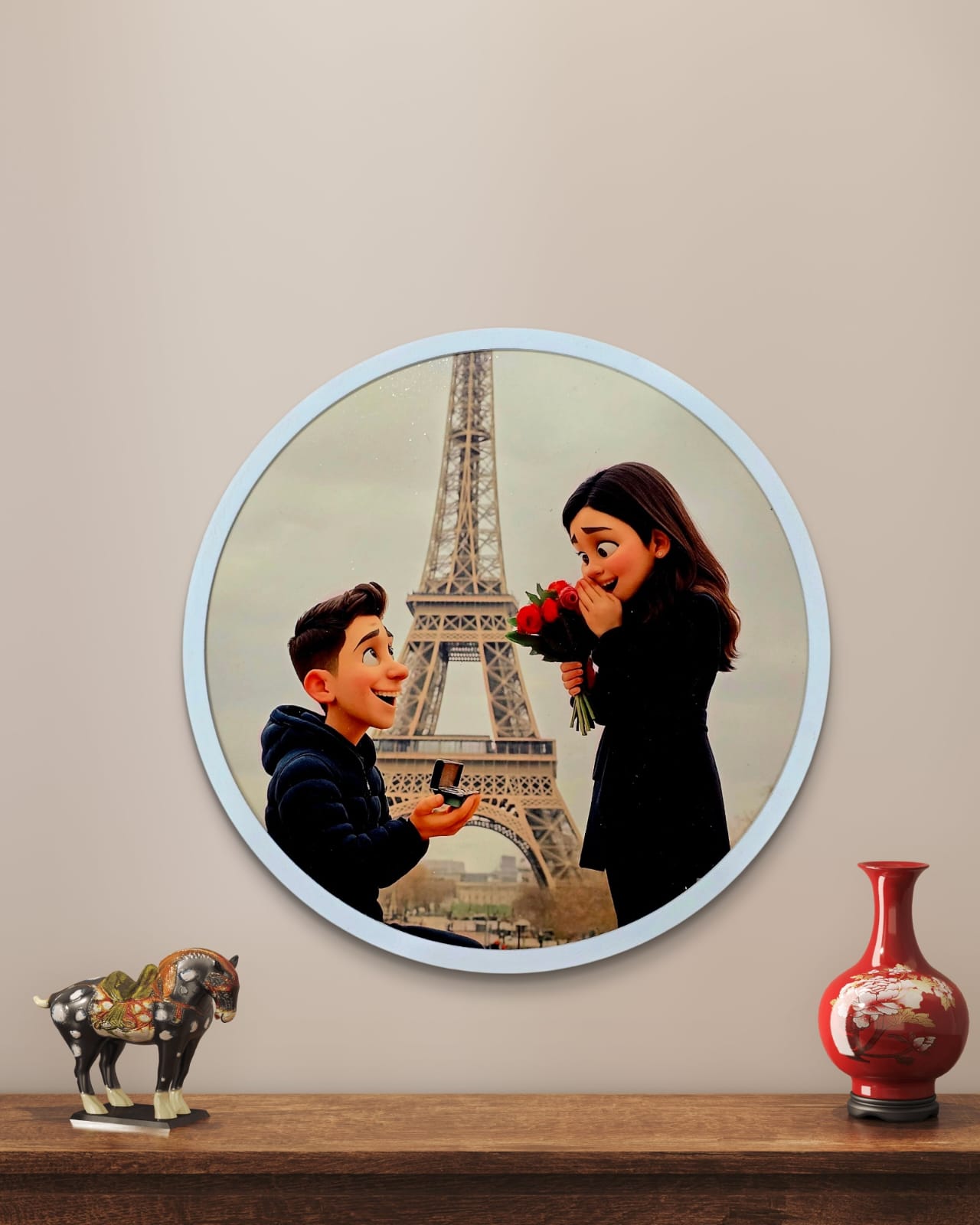 Customizable Wooden Pixar Style Circle Frame for Couples, Friends and Family for Gifting