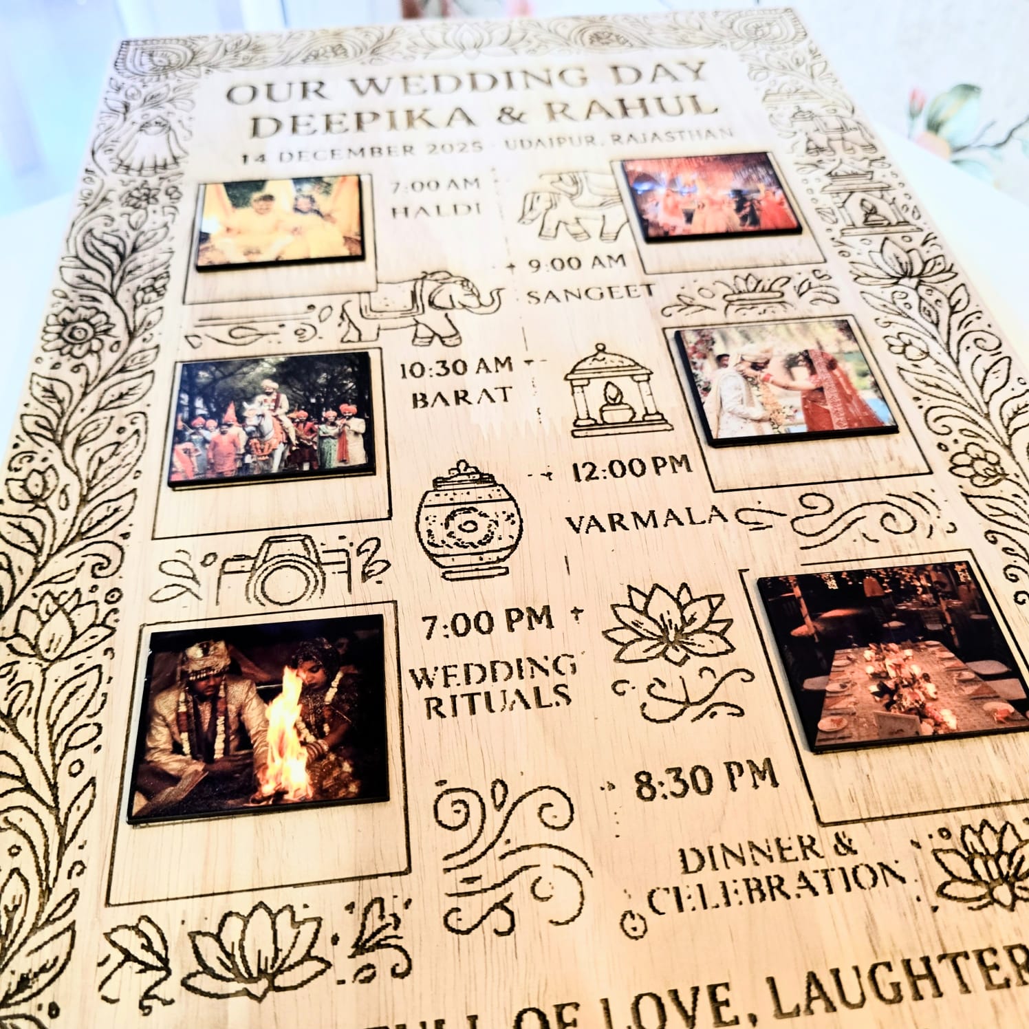 Wedding day schedule card with photos and time slots