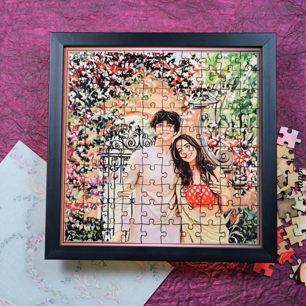 Framed puzzle with a couple illustration on a pink background