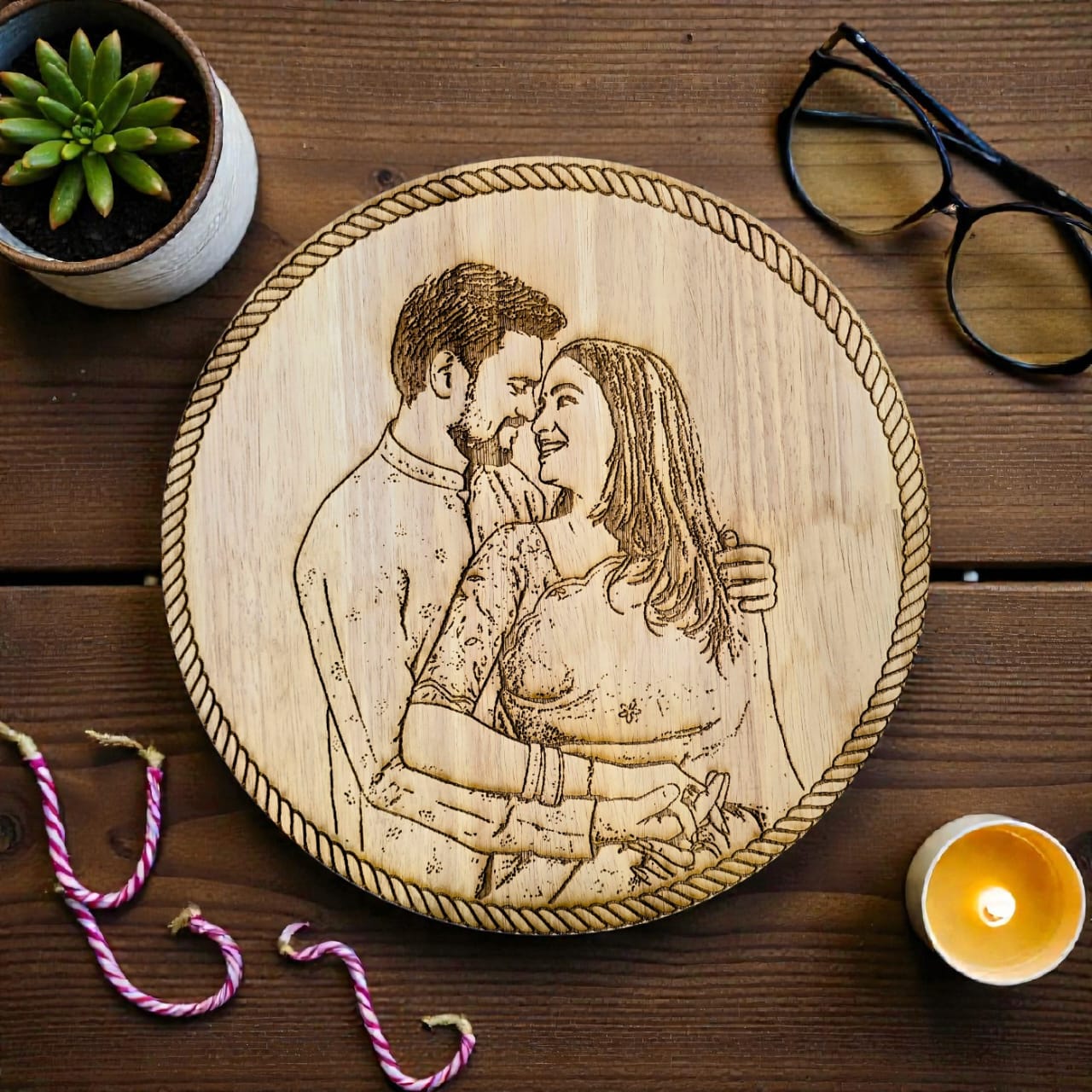 Personalized Wooden Carved Circle Frame – Birthday & Anniversary Gift