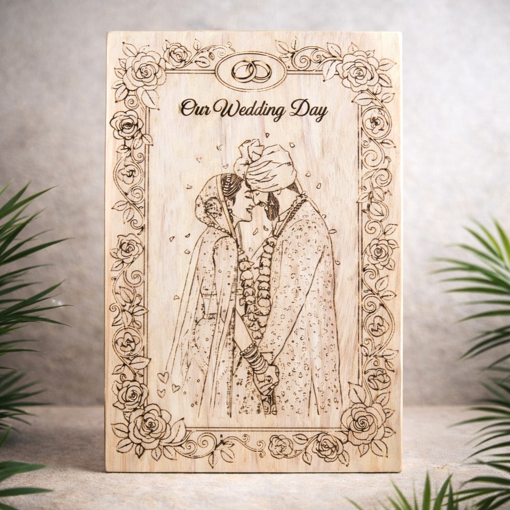 Personalized wooden engraved wedding frame made from premium rubber wood with custom couple photo and wedding message