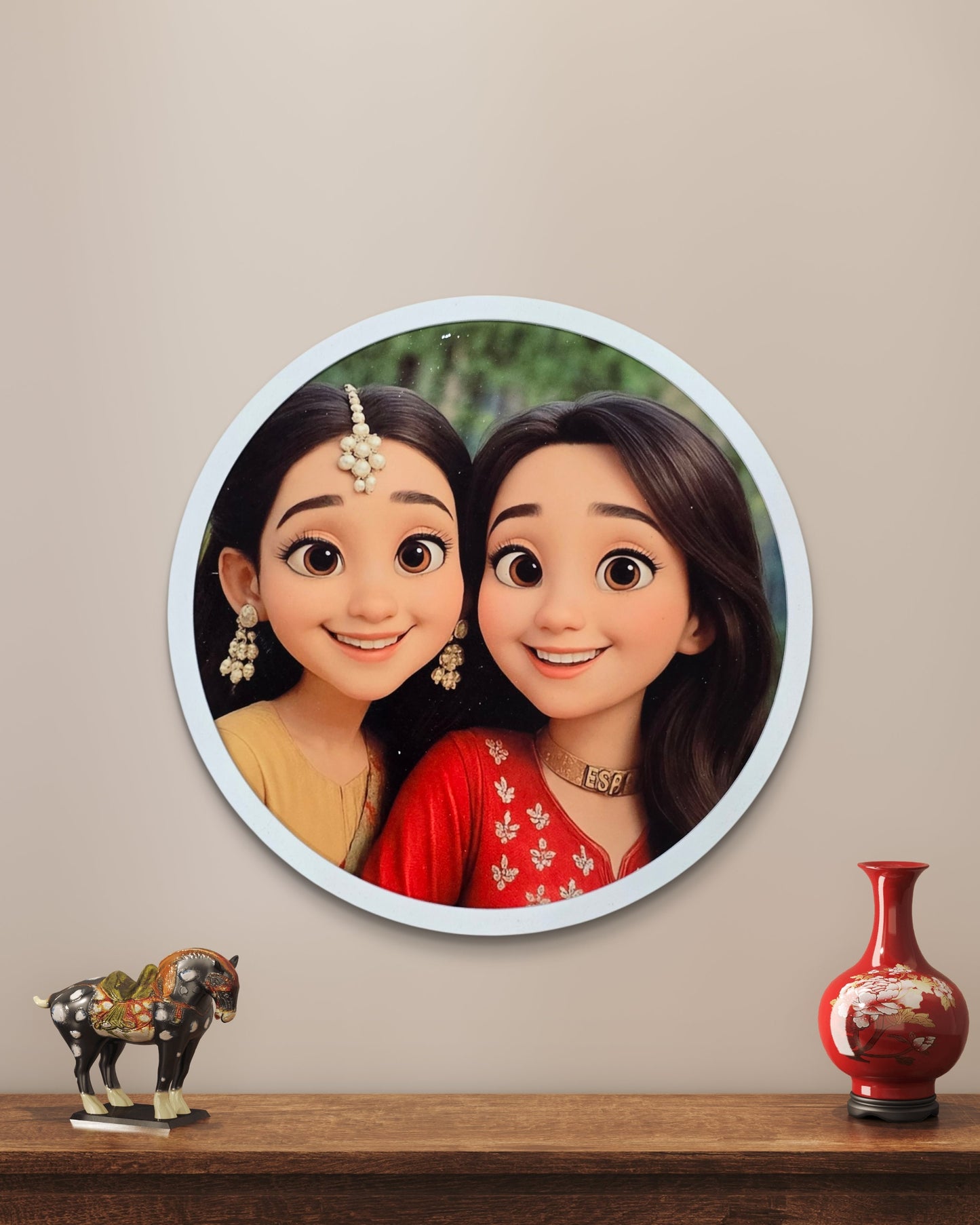 Customizable Wooden Pixar Style Circle Frame for Couples, Friends and Family for Gifting