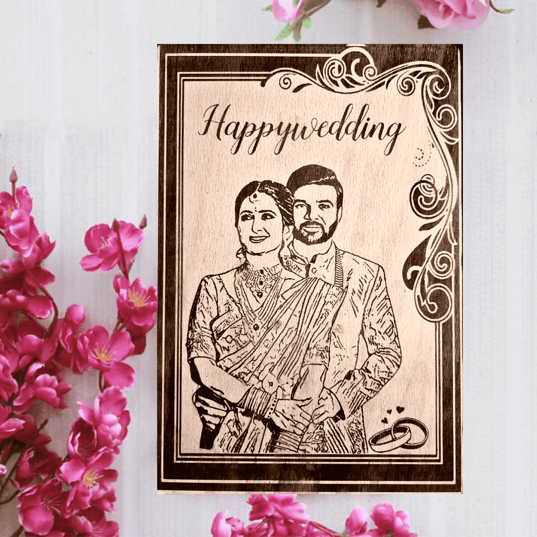Custom Wedding Day wooden engraved frame for couples made from premium rubber wood with personalized photo and message