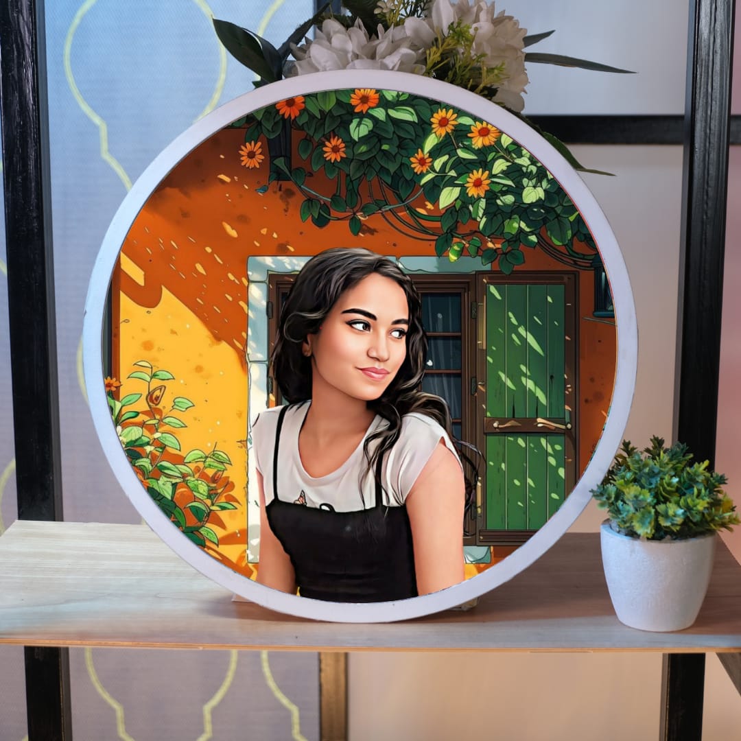 Wooden Painting Frame Circle (Orange Floral)