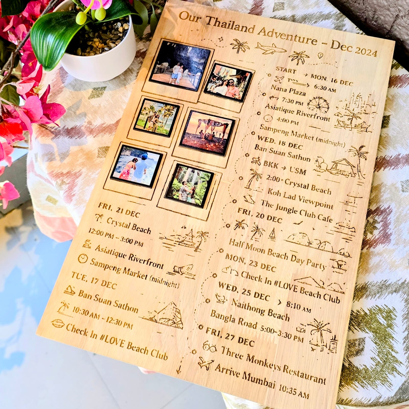 Personalized Travel Itinerary Wooden Frame | Custom Travel Souvenir Wall Decor