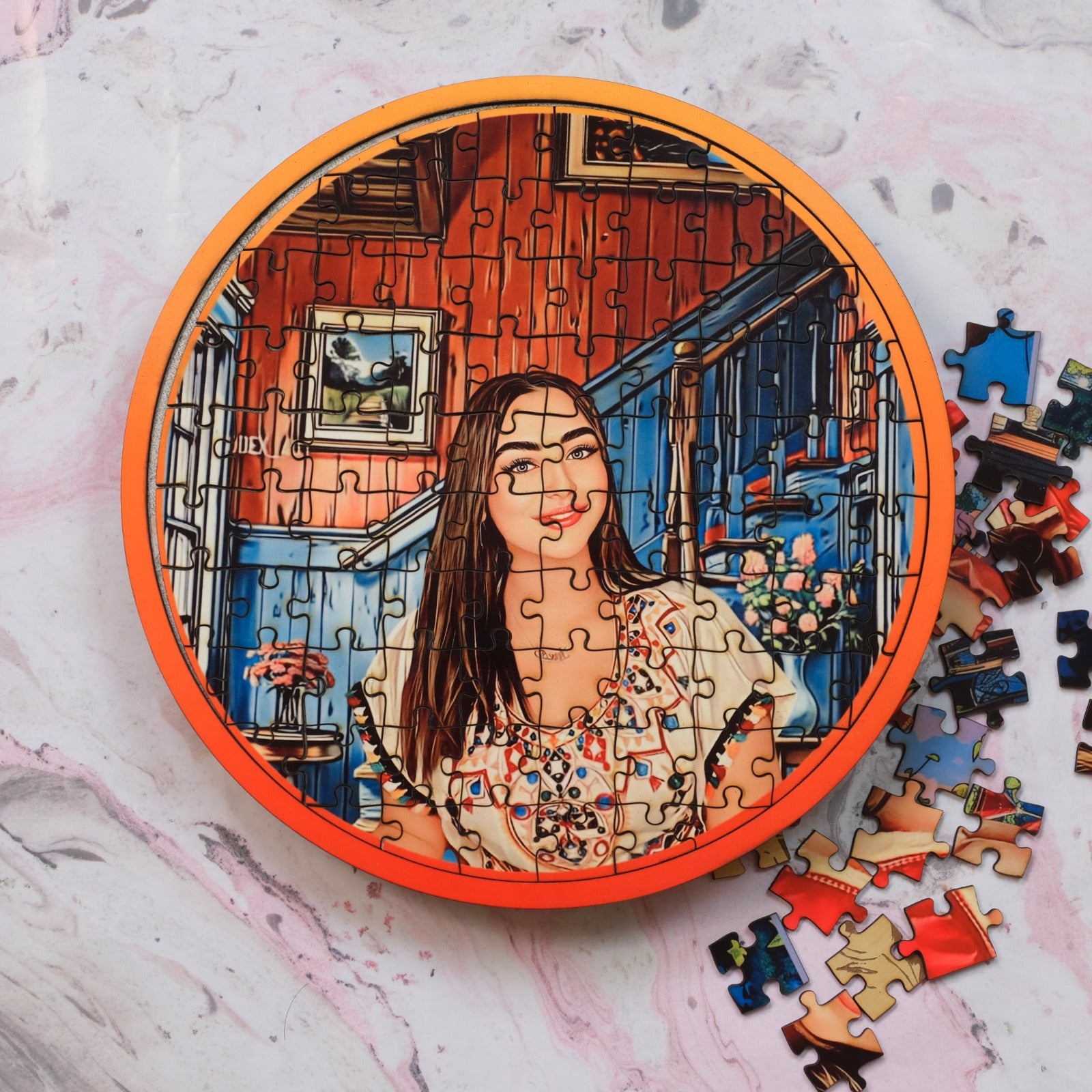 Personalized Puzzle Painting- Vintage Retreat (Circle) | Wooden Puzzle