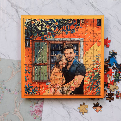 Personalized Puzzle Painting- Orange Floral | Framed Puzzle (Optional) | Wooden Puzzle