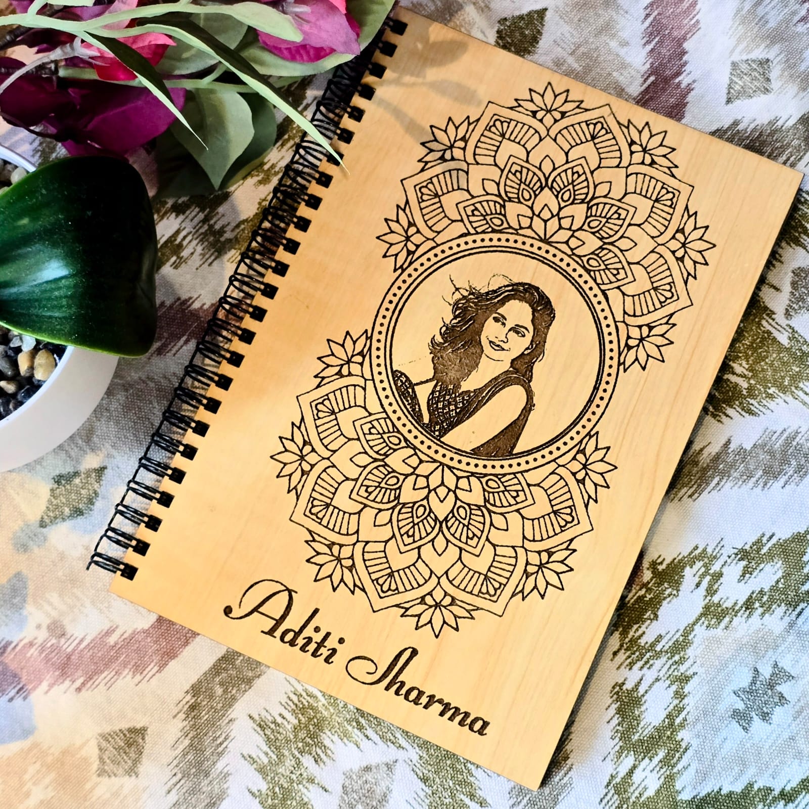 Personalized Handcrafted Wooden Photo Diary with Name Engraving | Mandala Cover Journal | Play Creative
