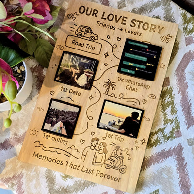 Wooden plaque with engraved milestones of a love story, surrounded by flowers.