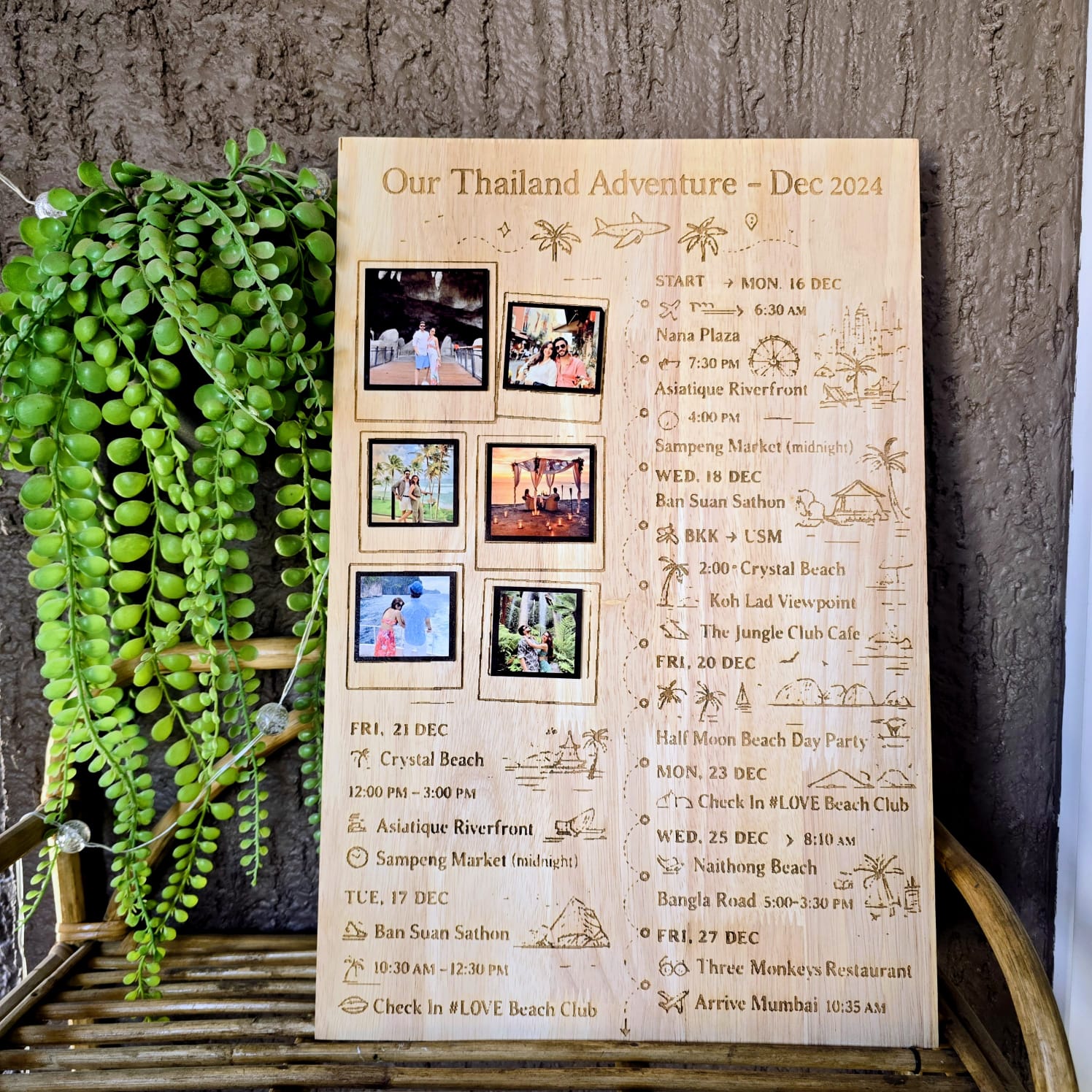 Personalized Travel Itinerary Wooden Frame | Custom Travel Souvenir Wall Decor