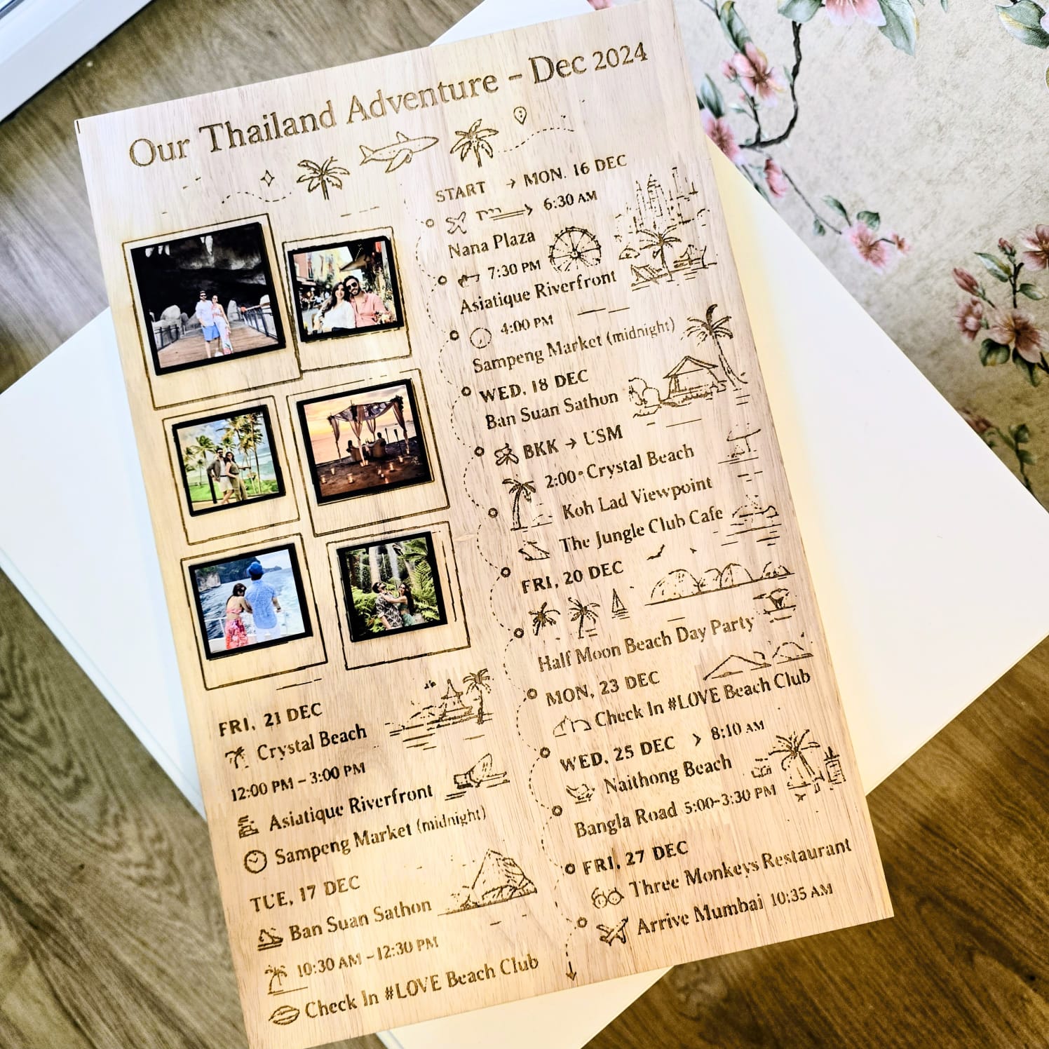 Personalized Travel Itinerary Wooden Frame | Custom Travel Souvenir Wall Decor