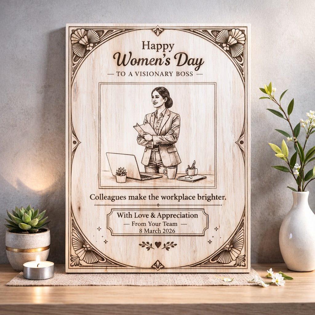 Custom Women’s Day wooden engraved frame for boss made from premium rubber wood with personalized photo and message