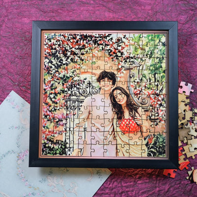Framed puzzle with a couple illustration on a pink background