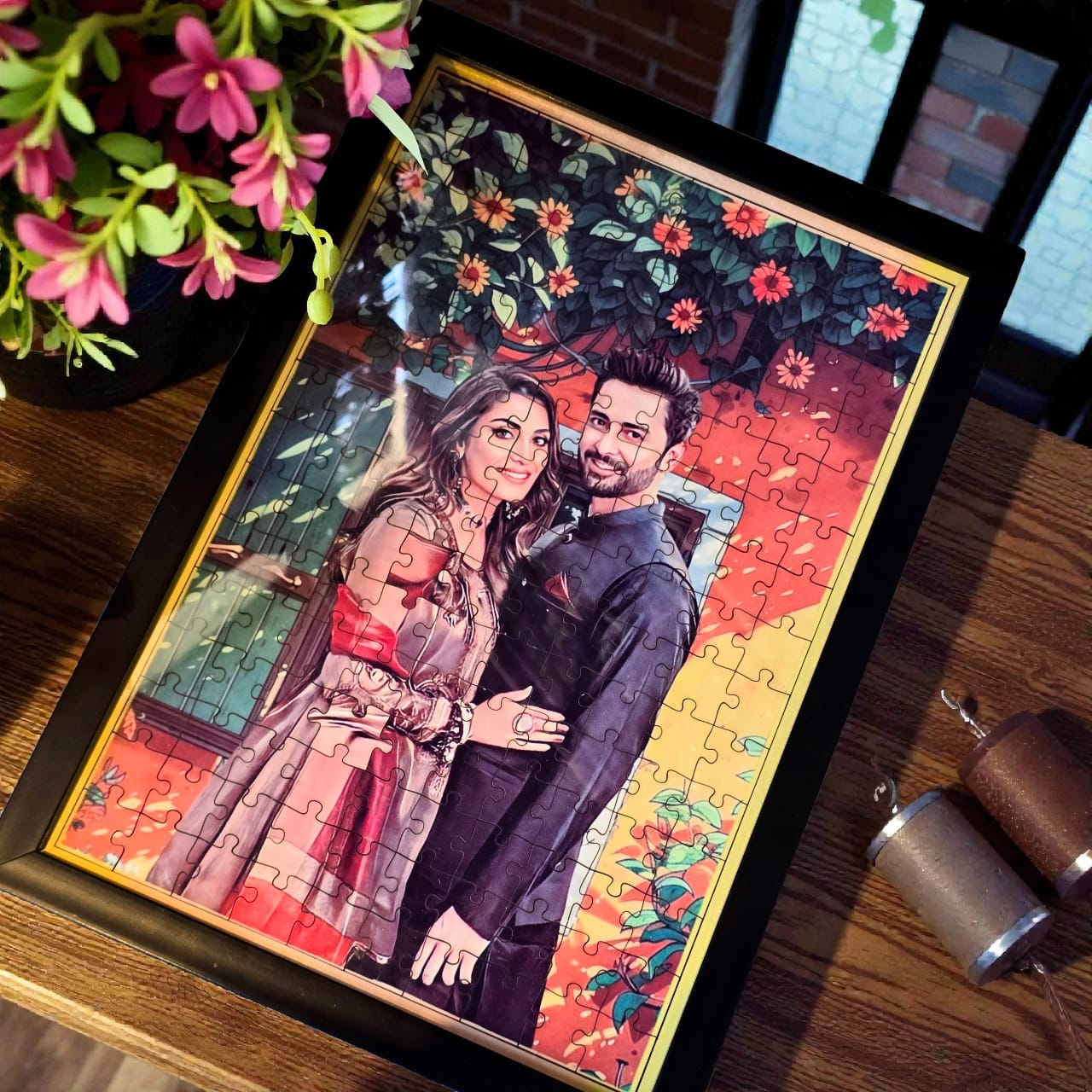 Personalized Puzzle Painting- Orange Floral | Framed Puzzle (Optional) | Wooden Puzzle