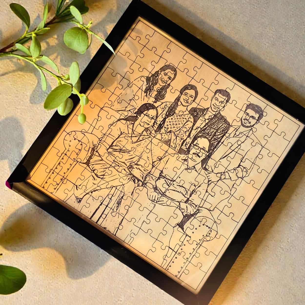 Close up of personalized wooden puzzle pieces with photo print premium gifting product