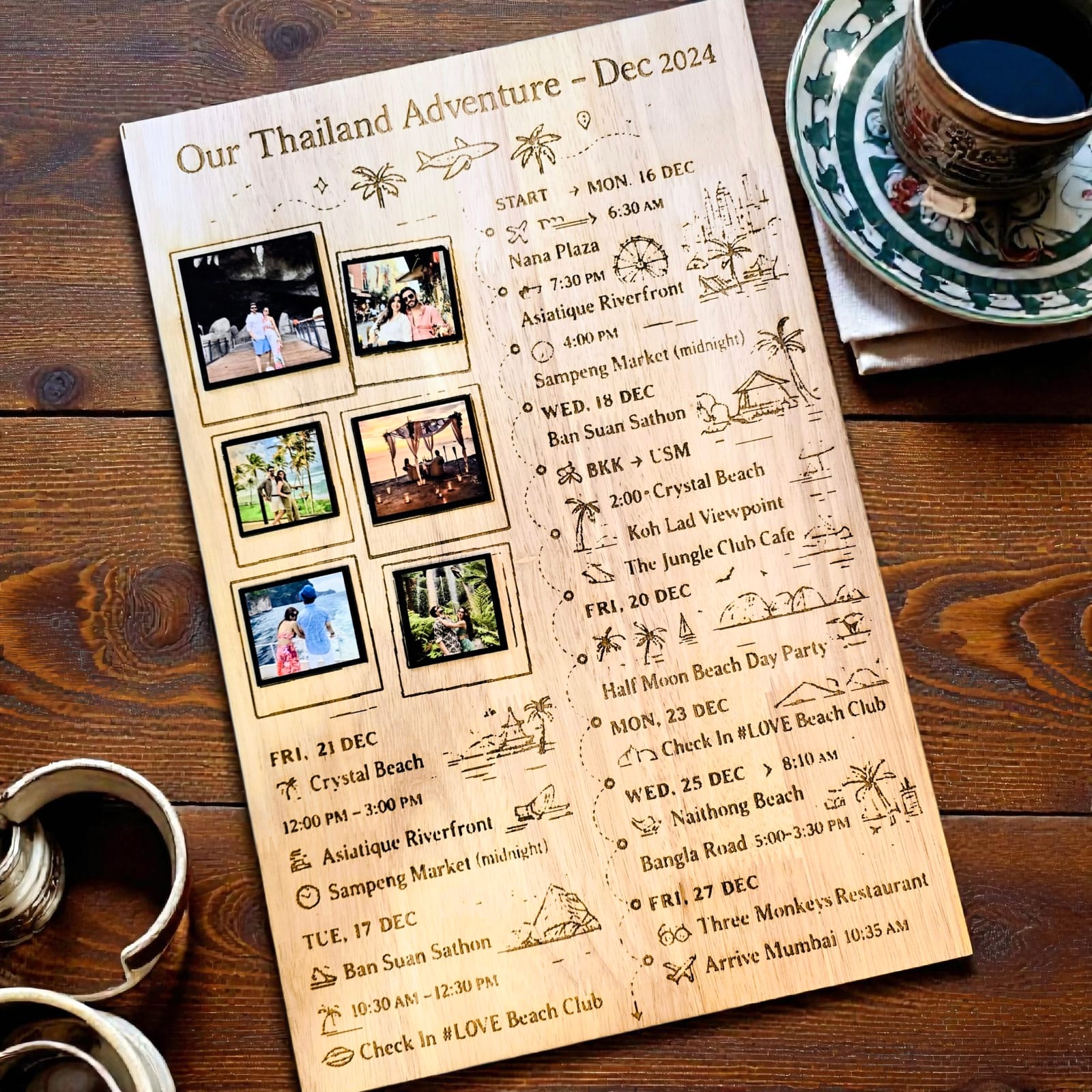 Personalized Travel Itinerary Wooden Frame | Custom Travel Souvenir Wall Decor