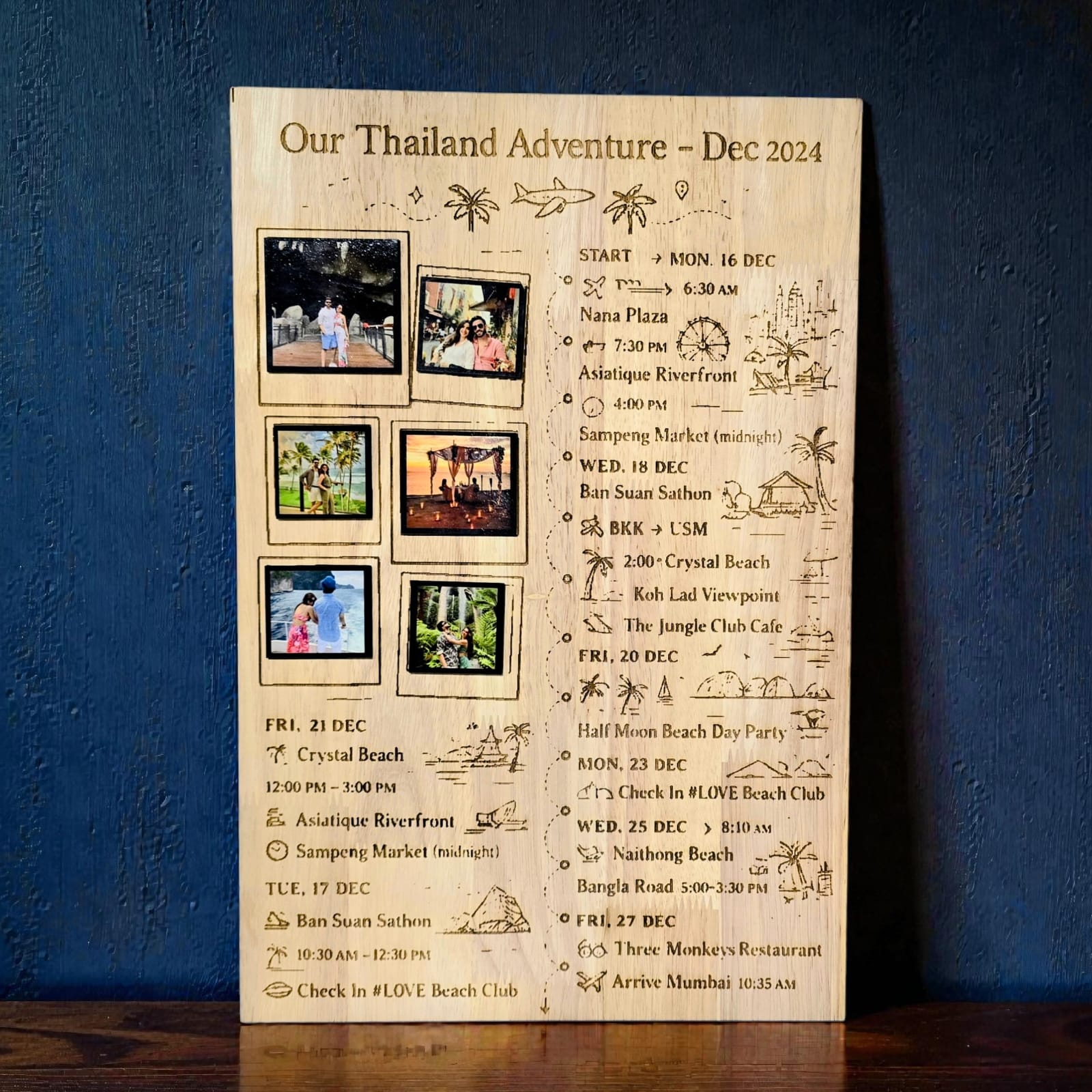 Personalized Travel Itinerary Wooden Frame | Custom Travel Souvenir Wall Decor