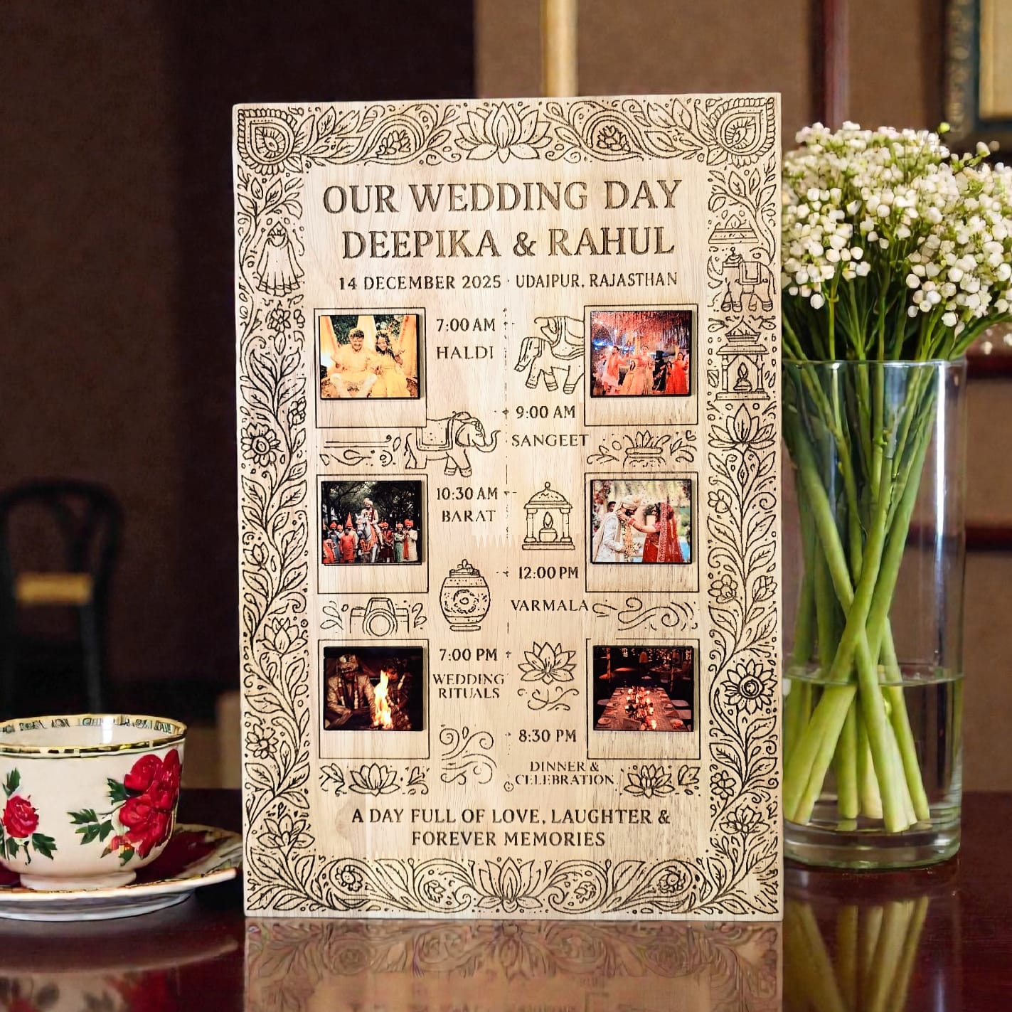 Personalized Wedding Day Timeline Frame | Customized Wooden Wedding Memory Frame