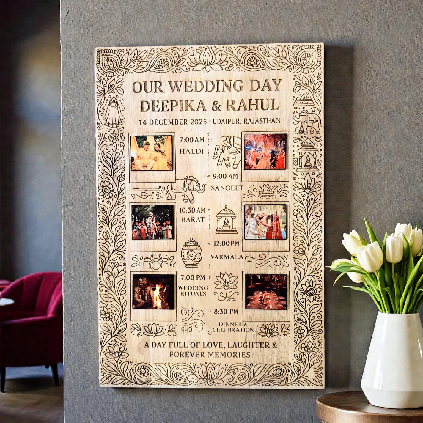 Personalized Wedding Day Timeline Frame | Customized Wooden Wedding Memory Frame