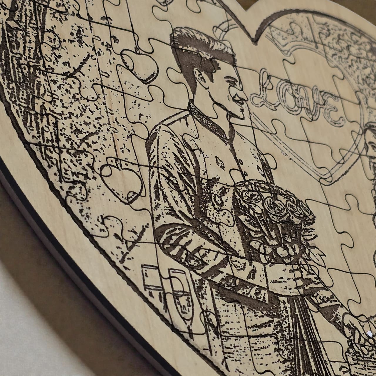 Personalized Wooden Carved Puzzle Heart Shaped