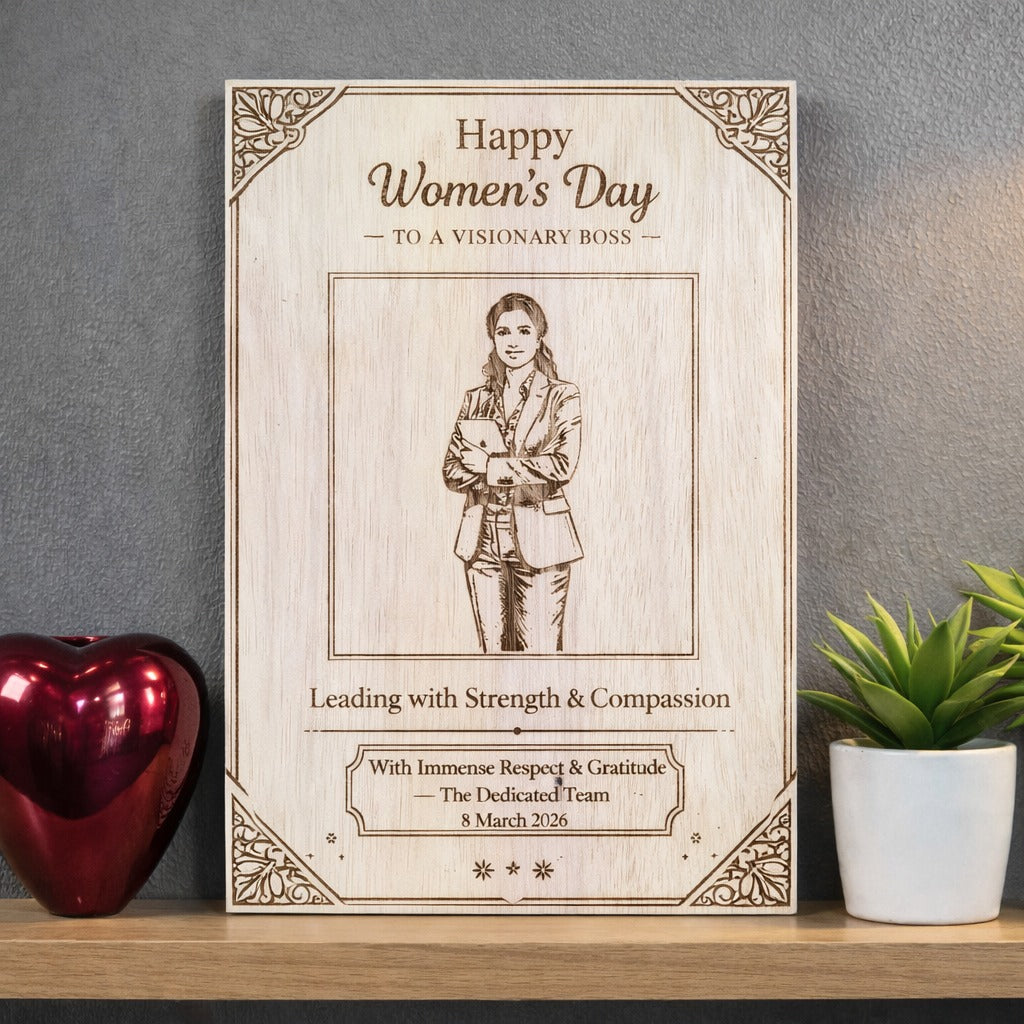 Personalized Women’s Day wooden engraved frame for boss made from premium rubber wood with custom photo and appreciation message