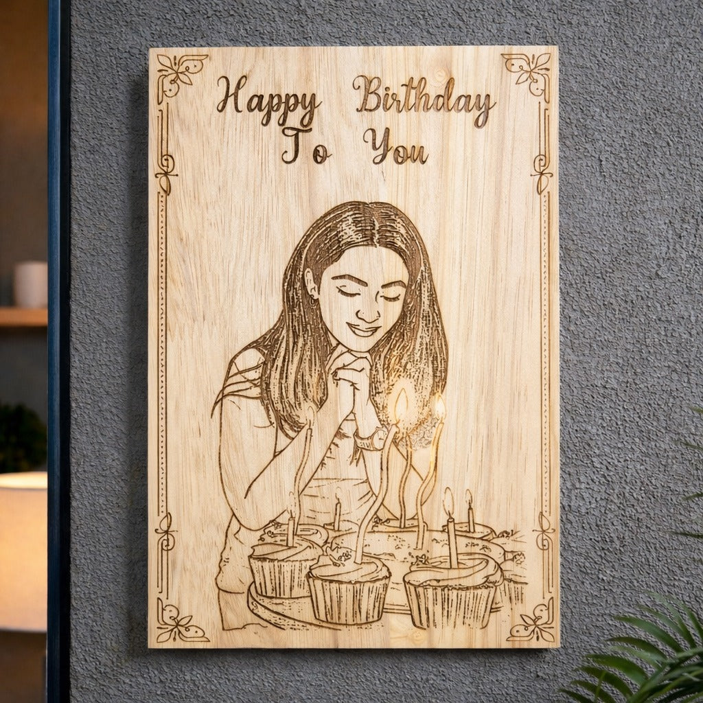 Personalized wooden engraved birthday frame made from premium rubber wood with custom photo and birthday message