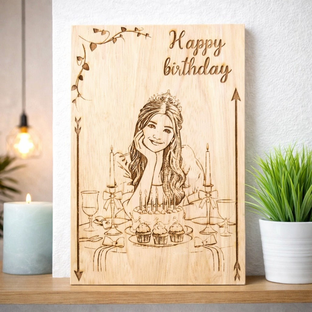 Personalized wooden engraved birthday frame made from premium rubber wood with custom photo and birthday message