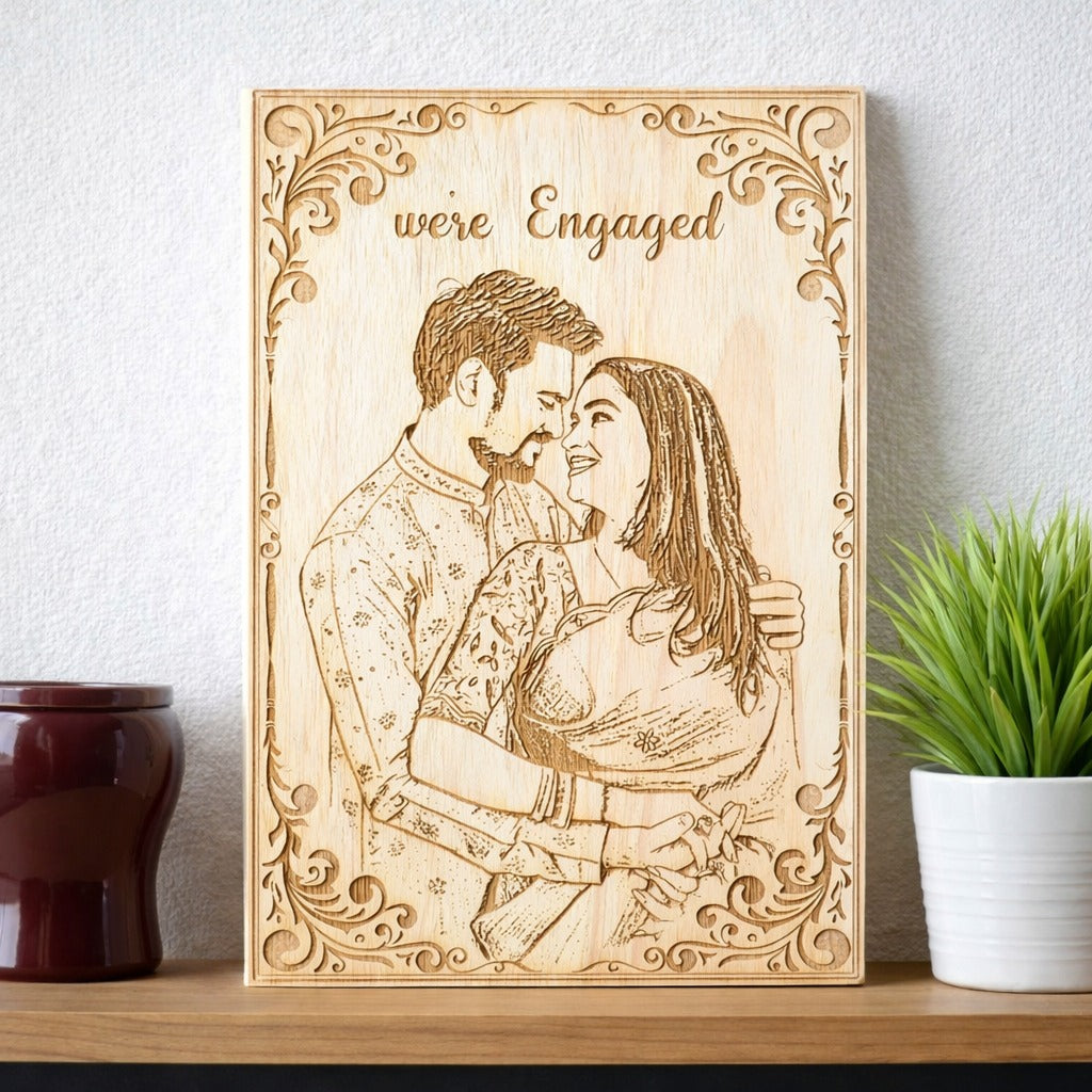 Personalized wooden engraved engagement frame made from premium rubber wood with custom couple photo and engagement message