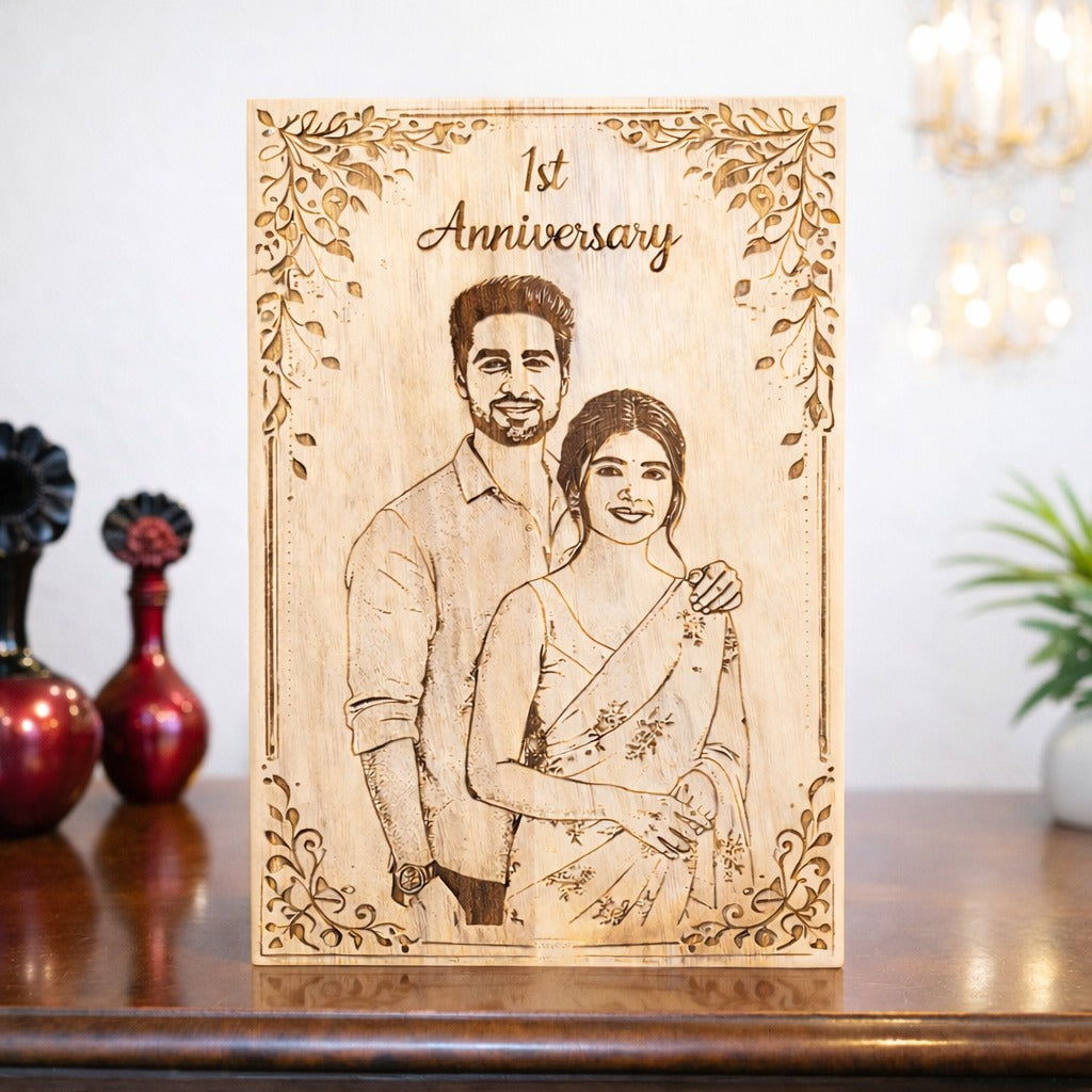 Personalized 1st anniversary wooden engraved frame made from premium rubber wood with custom couple photo and anniversary message