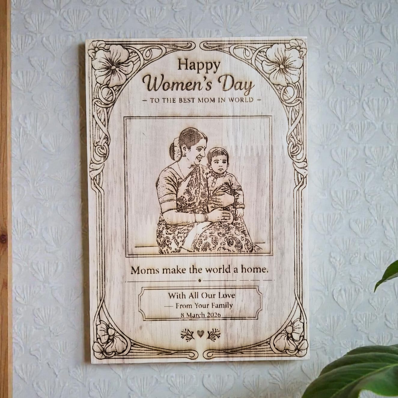 Personalized Women’s Day wooden engraved frame for mom made from premium rubber wood with custom photo and family message