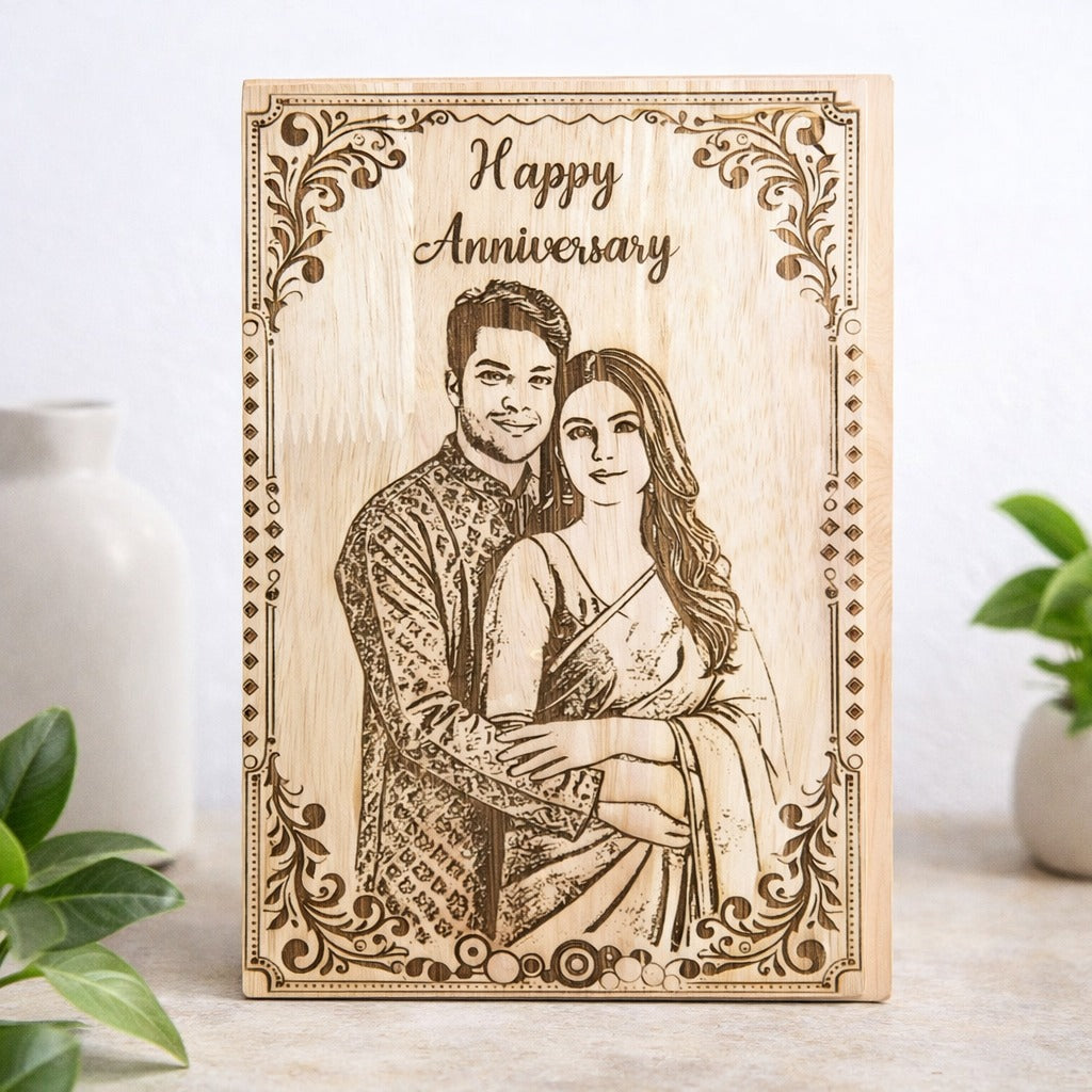 Personalized wooden engraved anniversary frame made from premium rubber wood with custom couple photo and anniversary message