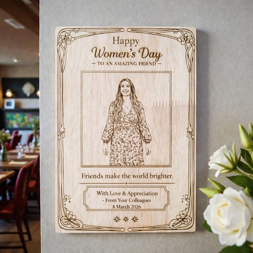 Personalized Women’s Day wooden engraved frame for friend made from premium rubber wood with custom photo and appreciation message
