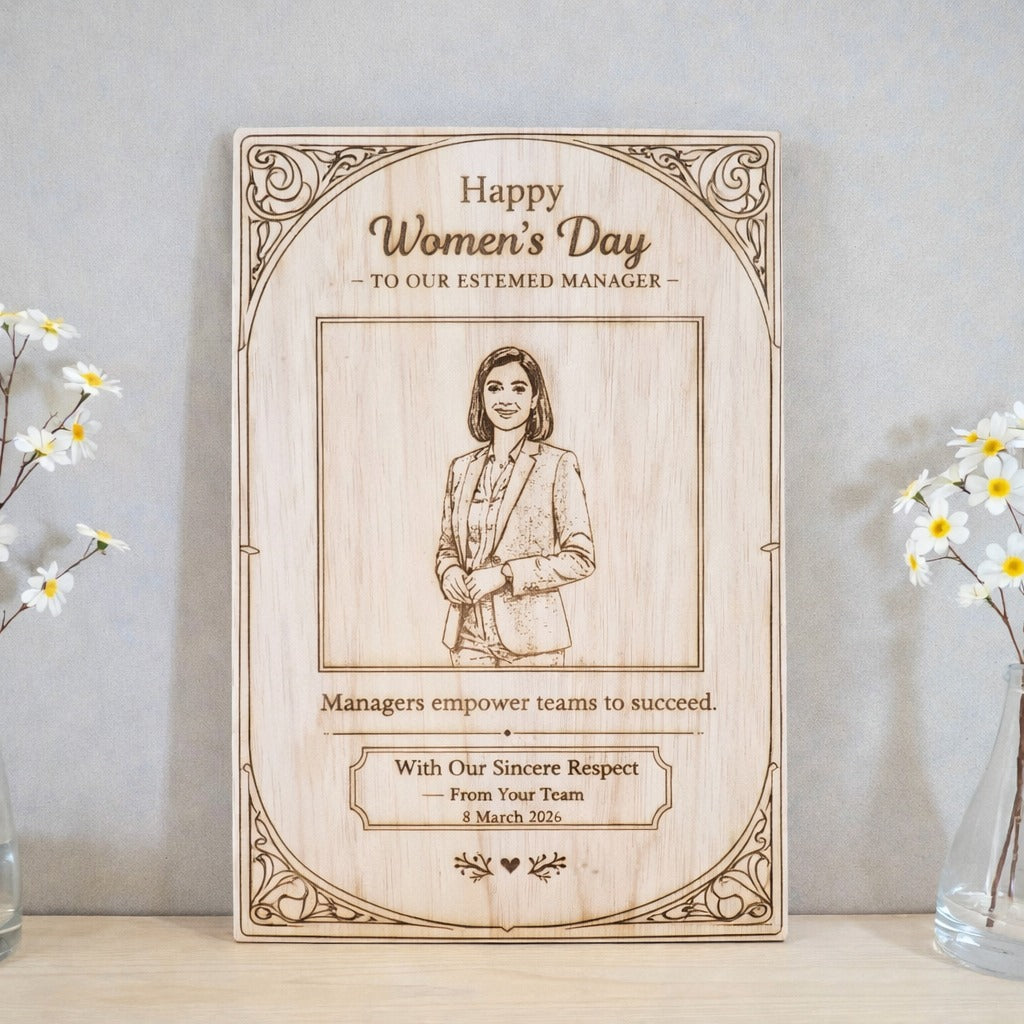 Personalized Women’s Day wooden engraved frame for manager made from premium rubber wood with custom photo and team appreciation message