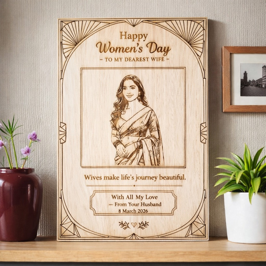 Personalized Women’s Day wooden engraved frame for wife made from premium rubber wood with custom photo and romantic message