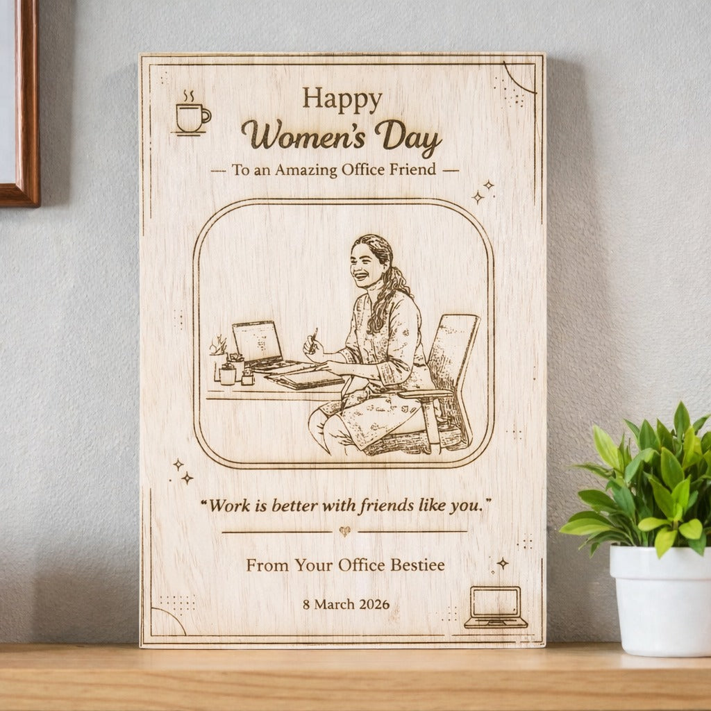 Personalized Women’s Day wooden engraved frame for office friend made from premium rubber wood with custom photo and appreciation message