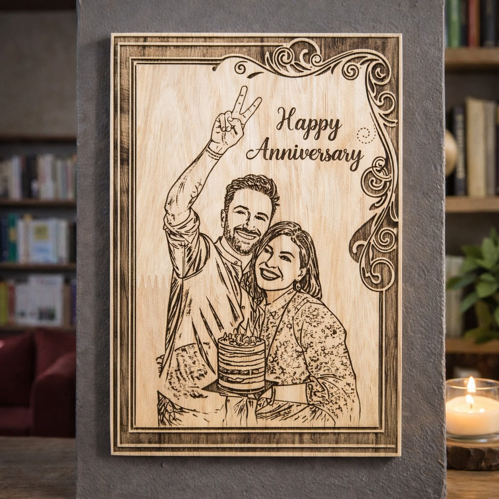Personalized wooden engraved anniversary frame with customizable photo made from premium rubber wood