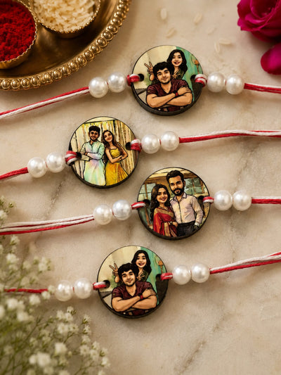 Personalized Rakhi Gift Set – Wooden Box, Printed Rakhi, Carved Keychain & Fridge Magnet Puzzle