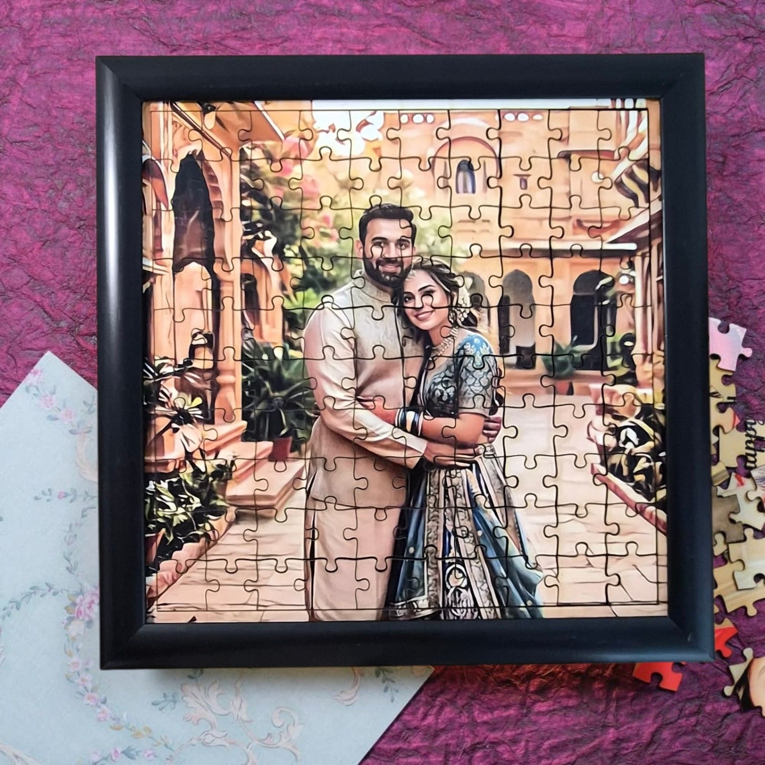 Custom Photo Puzzle Painting | Personalized Wooden Jigsaw with Original Background | Framed Option Available
