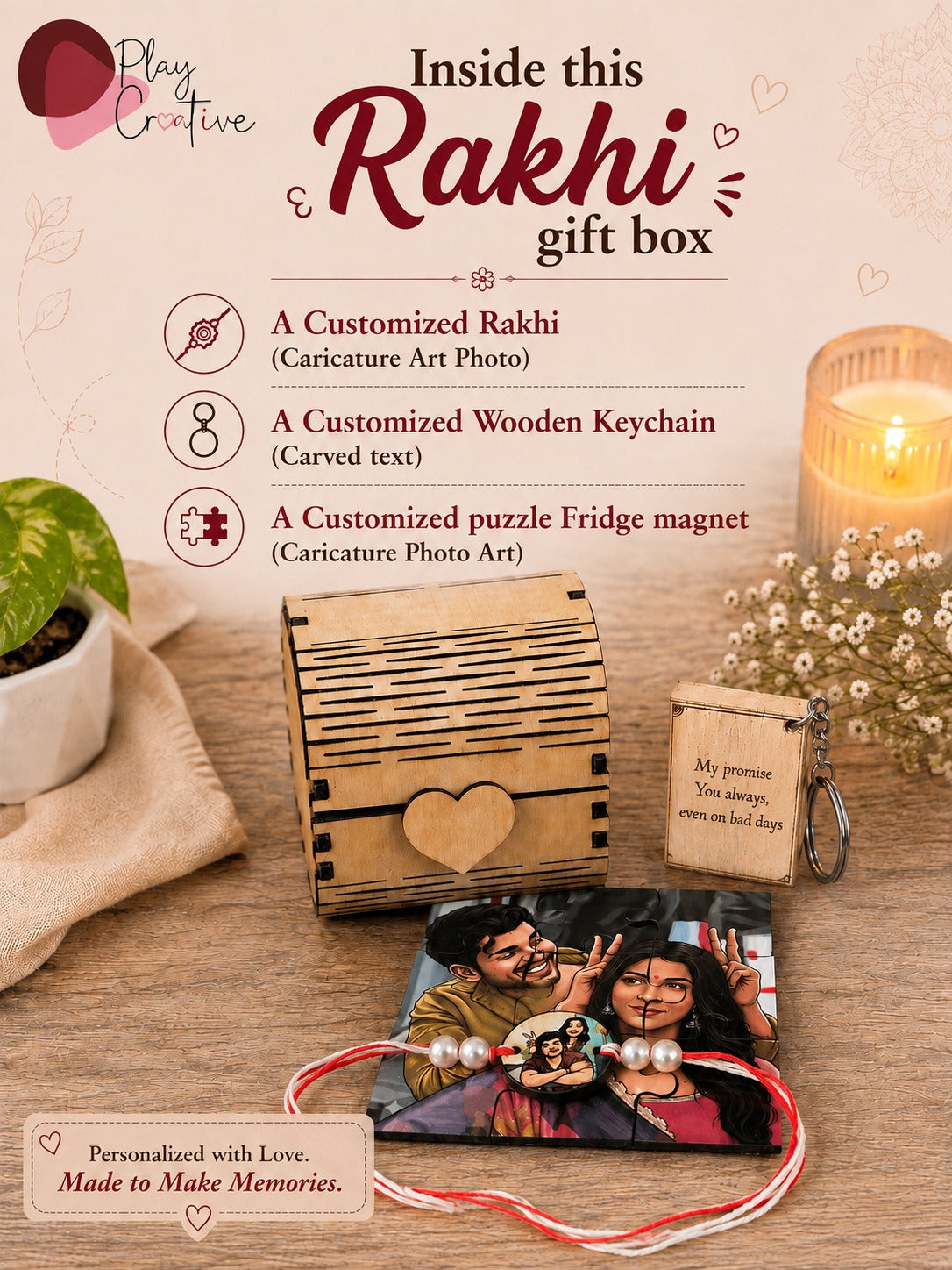 Personalized Rakhi Gift Set – Wooden Box, Printed Rakhi, Carved Keychain & Fridge Magnet Puzzle