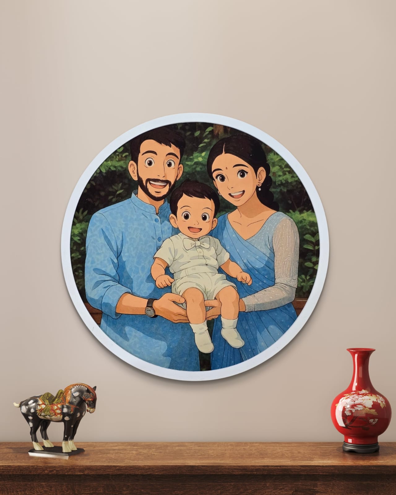Customizable Wooden Ghibli Art Circle Frame for Couples, Friends and Family for Gifting